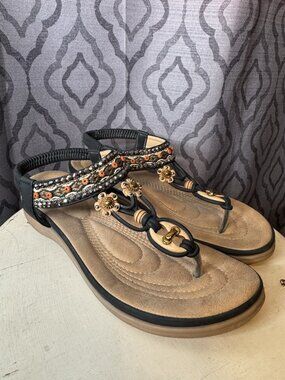 Littleplum Sandals US 8.5 40 Black Floral Beaded Thong Shoes Women Ankle Strap